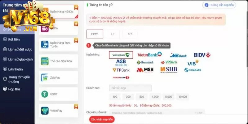 Hướng dẫn nạp tiền Vi68 QR để giao dịch