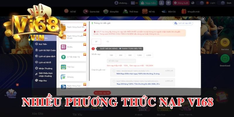 Nhiều phương thức nạp tiền tiên tiến tại Vi68